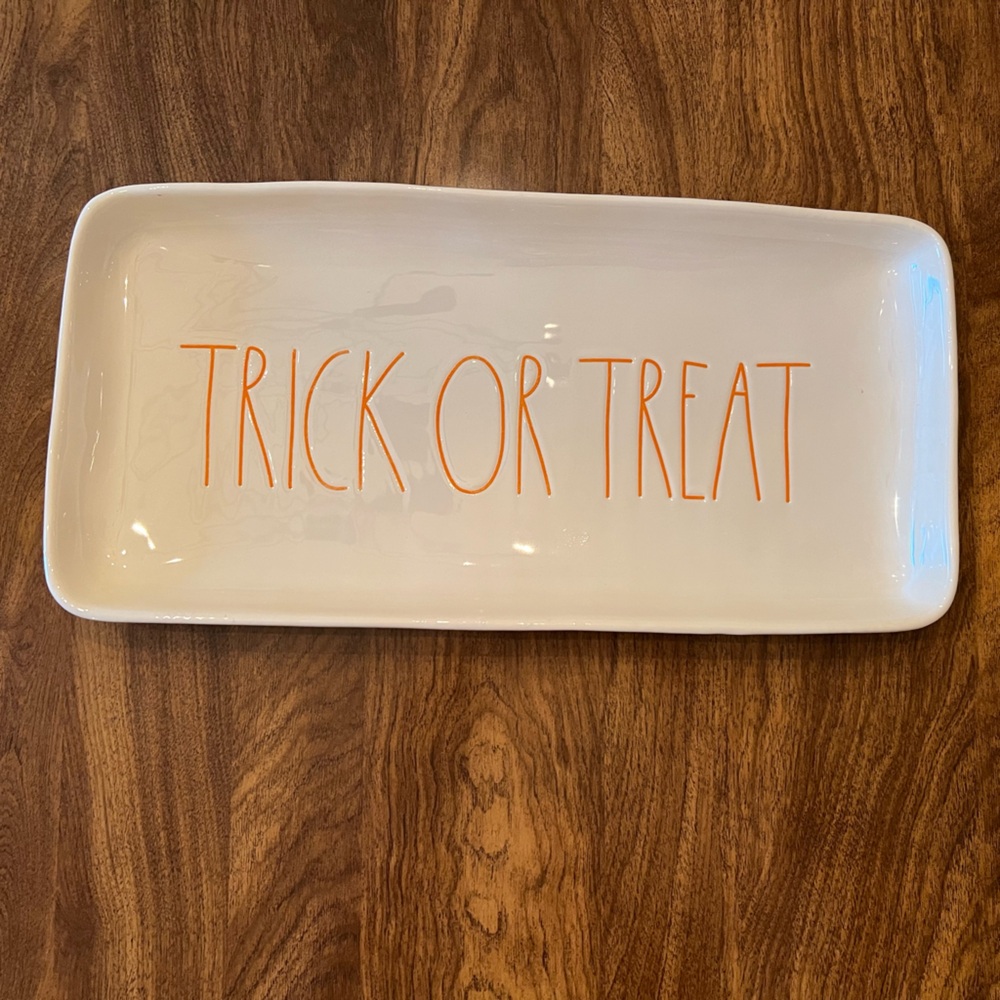 Rae Dunn White Serving Plate with Orange 'Trick or Treat' Text